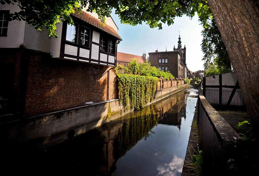 格但斯克World Hostel - Old Town的城市的运河,有建筑和教堂