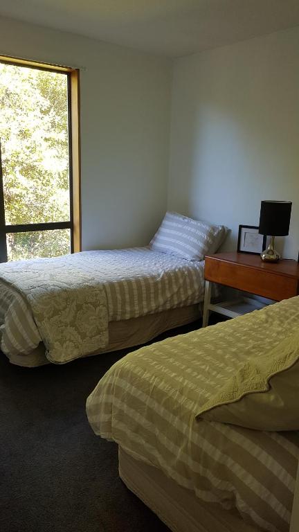 基督城Tranquil Treehouse的带窗户的客房内的两张床