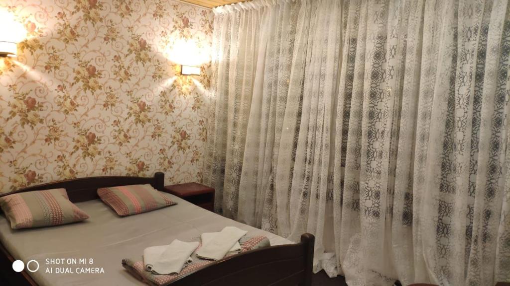 里加Maza Kalna 27的一间卧室配有床和毛巾帘