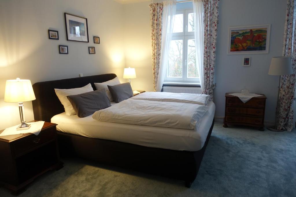 ReitweinPension Gräfliche Villa的一间卧室设有一张大床和一个窗户。