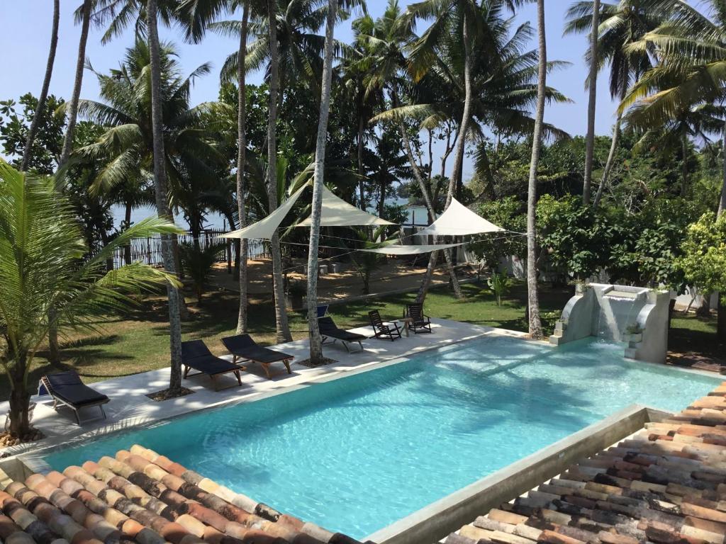 马特勒深蓝酒店的一个带椅子和遮阳伞的游泳池以及棕榈树