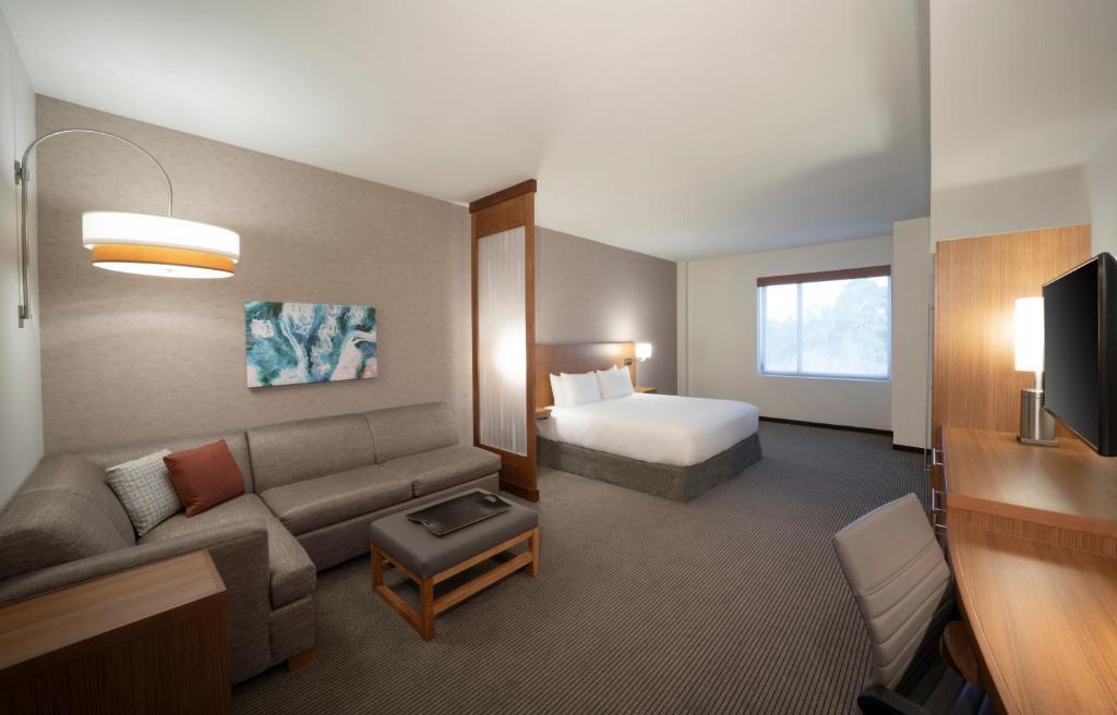 德斯坦Hyatt Place Sandestin at Grand Blvd的配有沙发和床的酒店房间