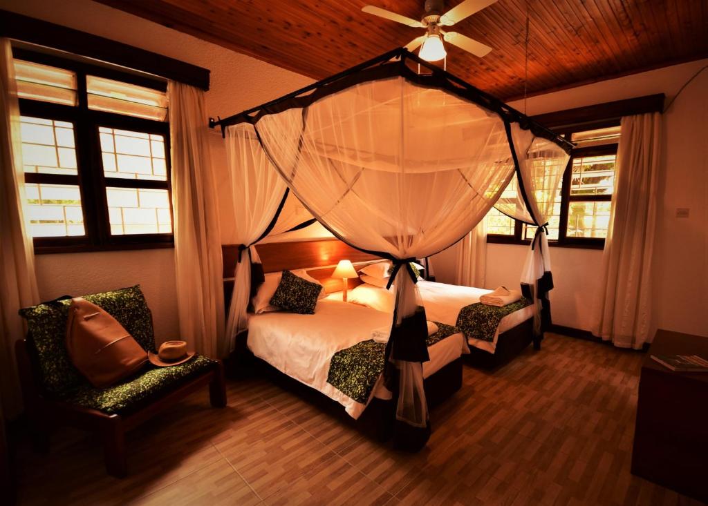 恩德培Elementis Entebbe的一间卧室配有一张床和吊扇