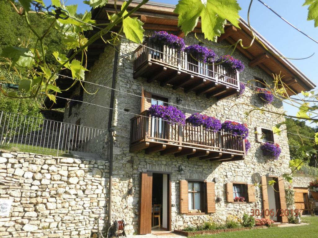 Villa Lagarina睡鼠住宿加早餐酒店的阳台的石头房子,鲜花盛开