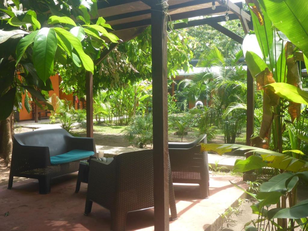 托尔图格罗Aracari Garden Hostel的花园内带桌椅的庭院