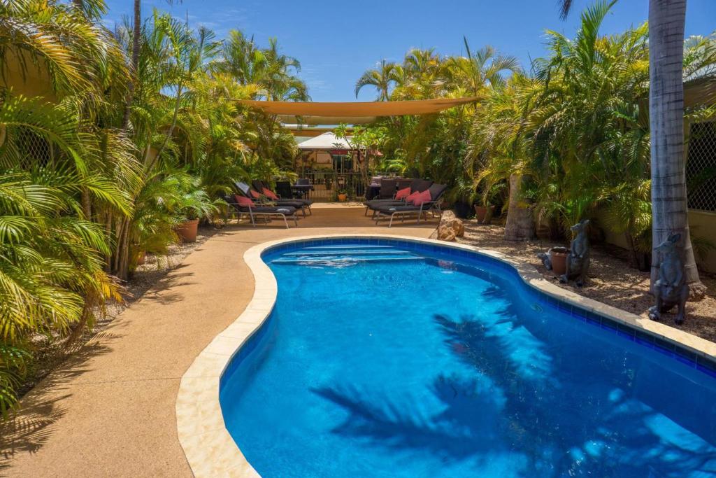 埃克斯茅斯埃克斯茅斯宁哥路旅馆的棕榈树庭院内的游泳池
