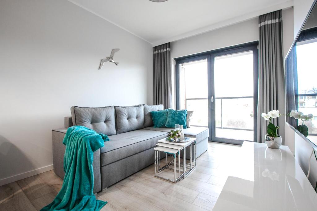 济夫努夫Apartamenty Studio Gardenia的客厅配有带蓝色枕头的灰色沙发