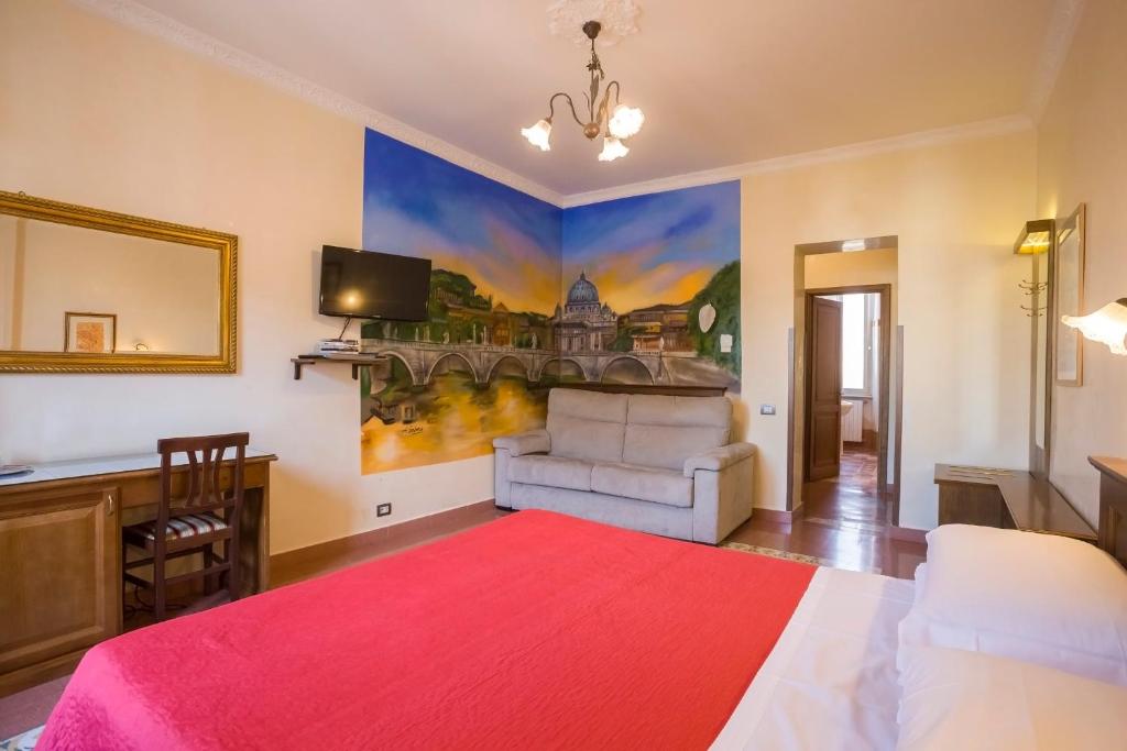 罗马安东尼旅馆的一间卧室配有一张带红色毯子的大床