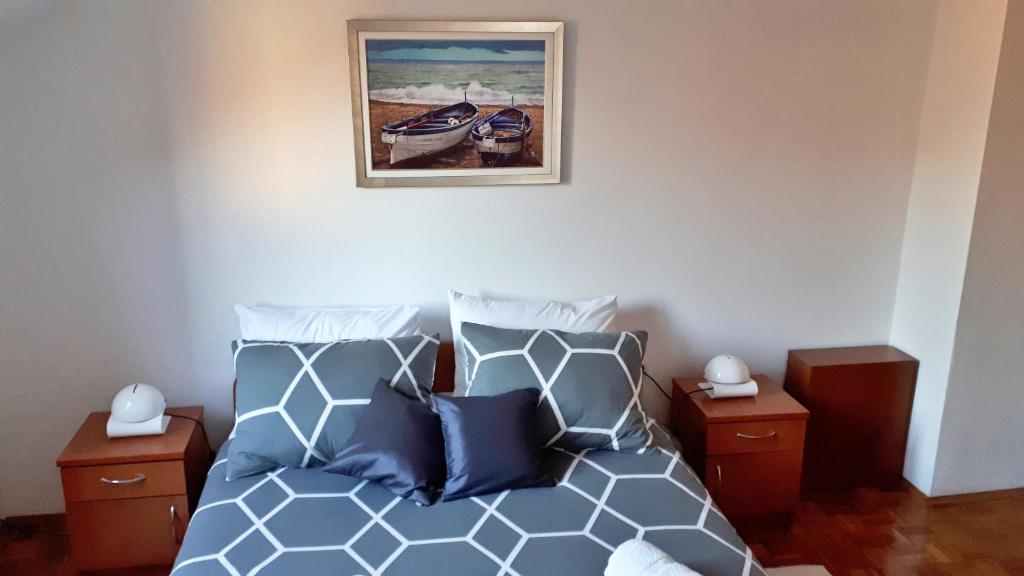 圣菲利普雅科夫apartman Sanja-centar的卧室配有带枕头的床铺,墙上挂着一幅画