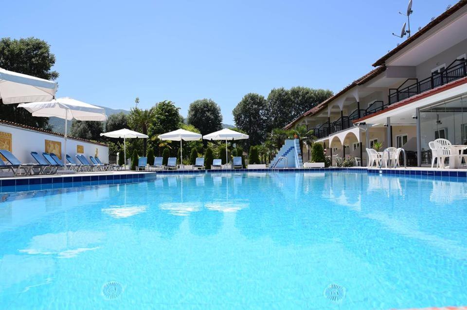 帕拉利亚潘塔利莫诺斯Hotel Afroditi的一个带椅子和遮阳伞的大型蓝色游泳池