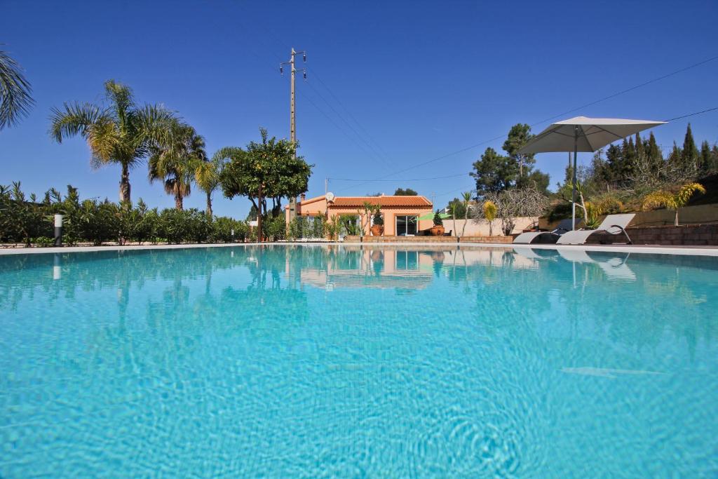 拉戈斯Quinta Gomes的棕榈树环绕的蓝色海水游泳池