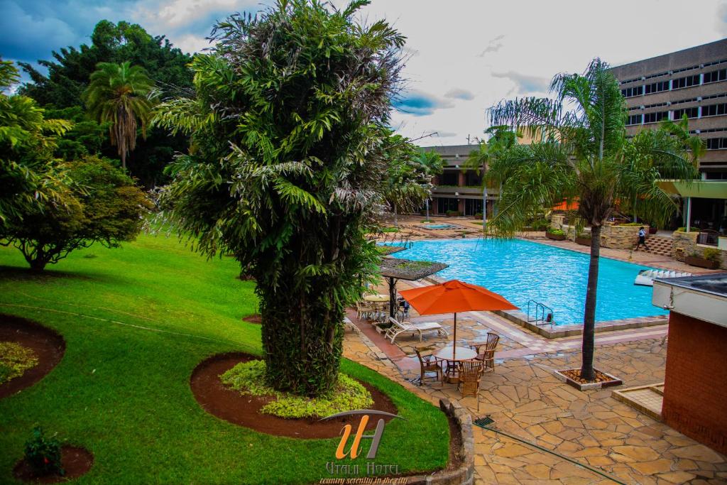 内罗毕Utalii Hotel的一个带棕榈树和遮阳伞的游泳池