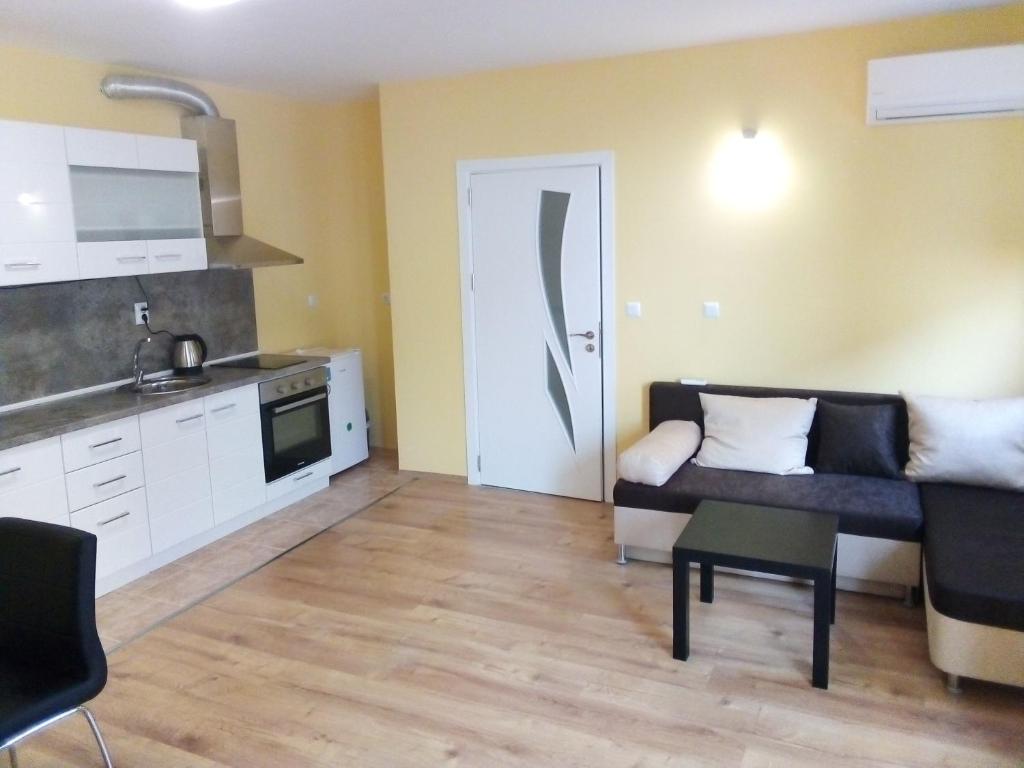 布尔加斯Tvardica Apartment的带沙发的小客厅和厨房