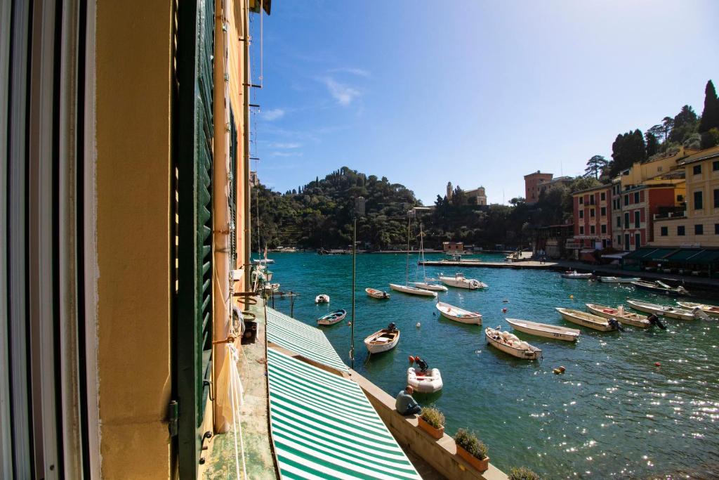 波托菲诺Wanderlust by PortofinoHomes的从带船的河流窗户欣赏美景