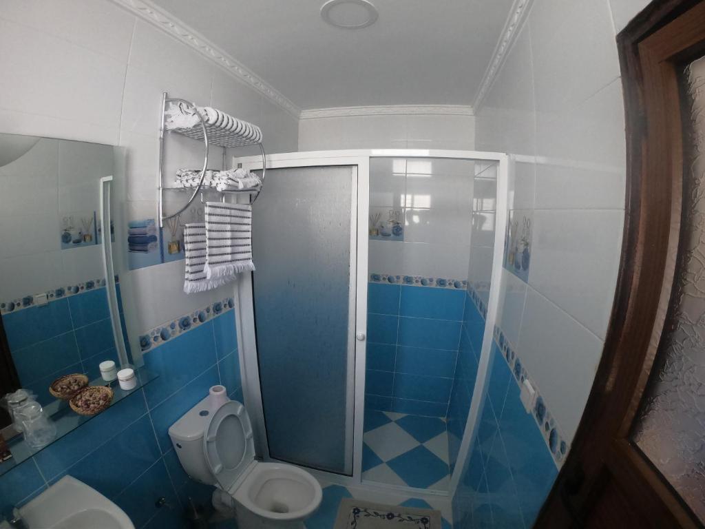 丹吉尔TANJITAN HOSPITALITE的蓝色的浴室设有淋浴和卫生间。
