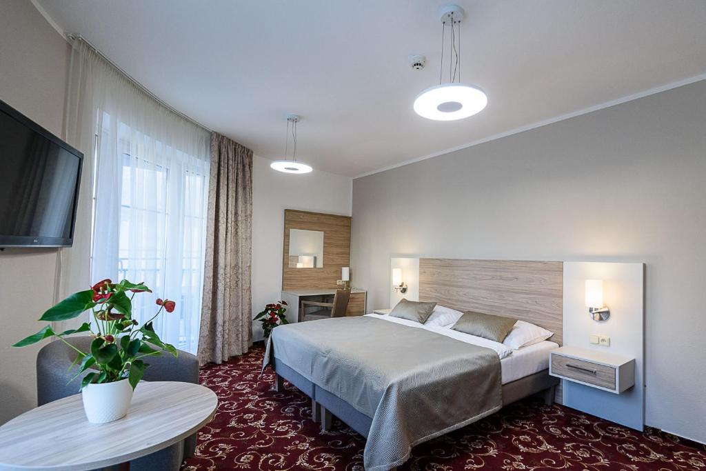 若托维斯运动酒店的酒店客房配有一张床铺和一张桌子。