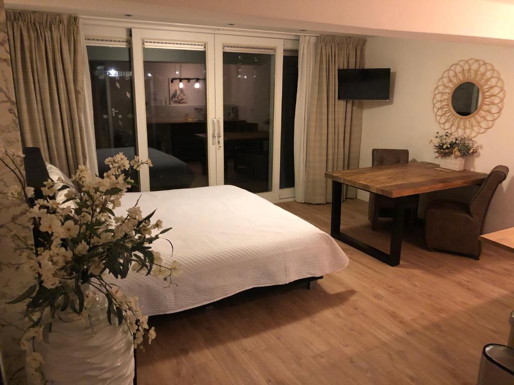 阿姆斯特丹Garden Room and Economy Room的一间卧室配有一张床、一张桌子和一张书桌