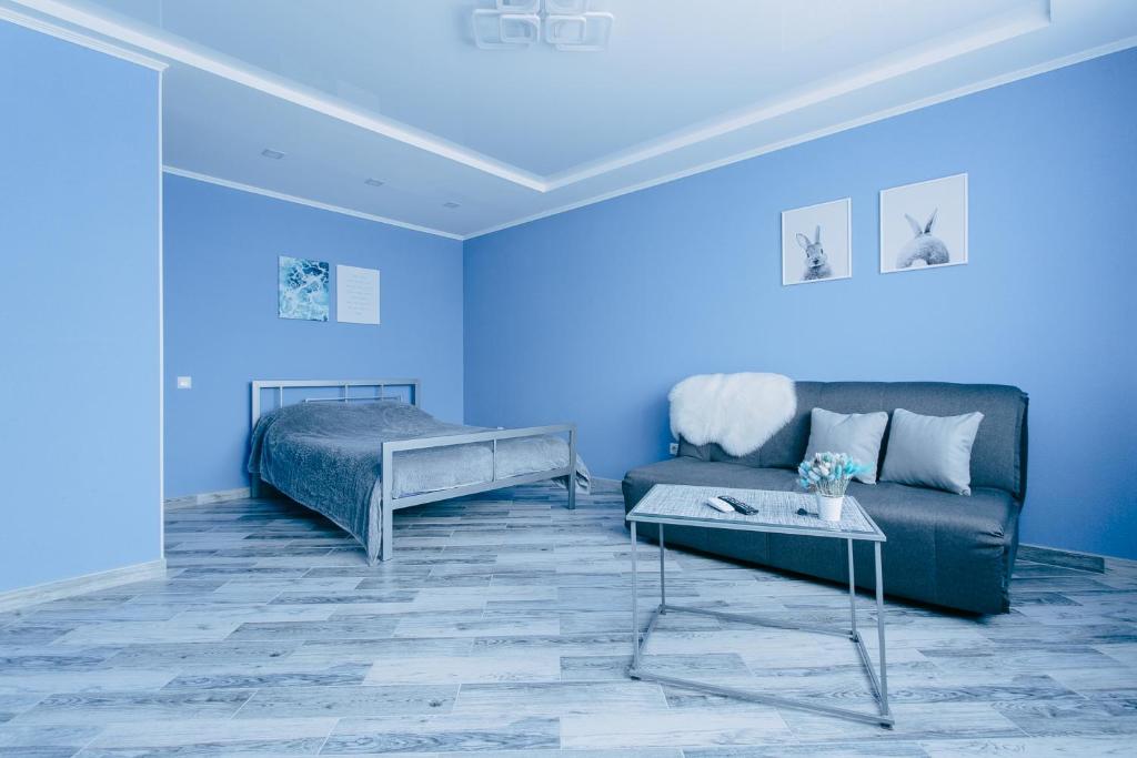 文尼察Сучасна 1-кімнатна квартира的蓝色的客厅配有沙发和1张床