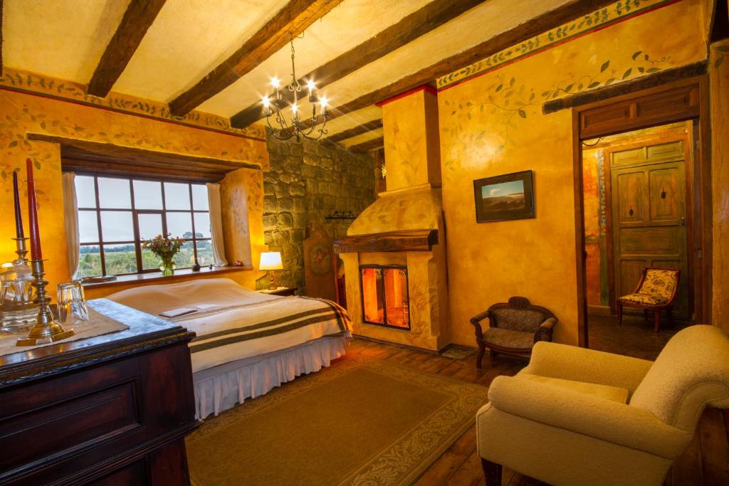 Lasso圣奥古斯丁德卡罗酒店的一间卧室配有一张床、一个壁炉和一把椅子