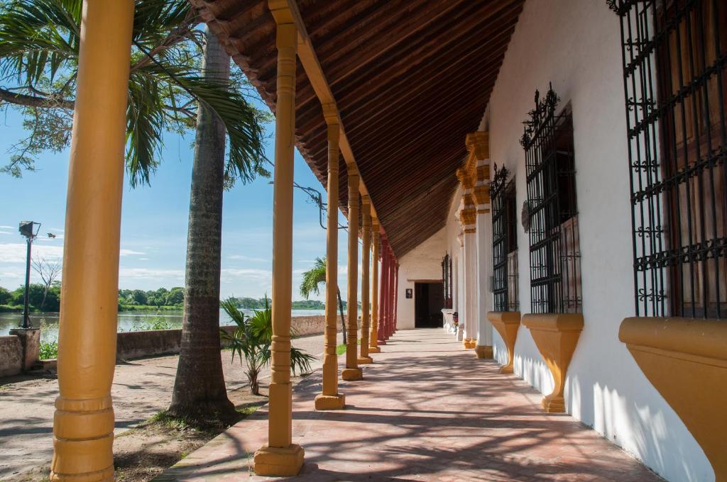 蒙波斯Portal de la Marquesa的楼边有棕榈树的走廊