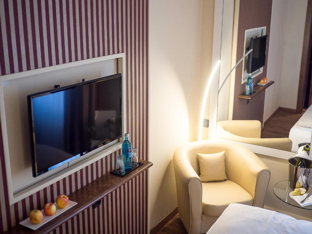 特罗斯多夫普利姆勒酒店的酒店客房带电视和椅子