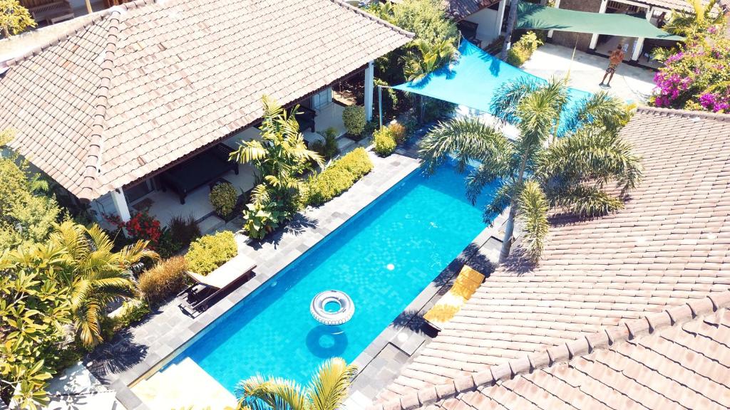 吉利特拉旺安吉利棕榈度假酒店的享有棕榈树游泳池的顶部景致
