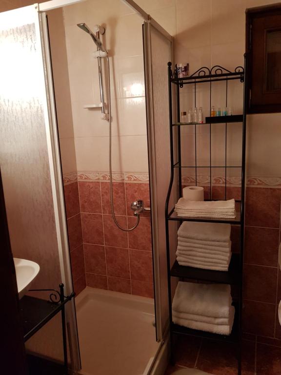 迪瓦伊巴雷Divcibarski Konak的带淋浴和一些毛巾的浴室