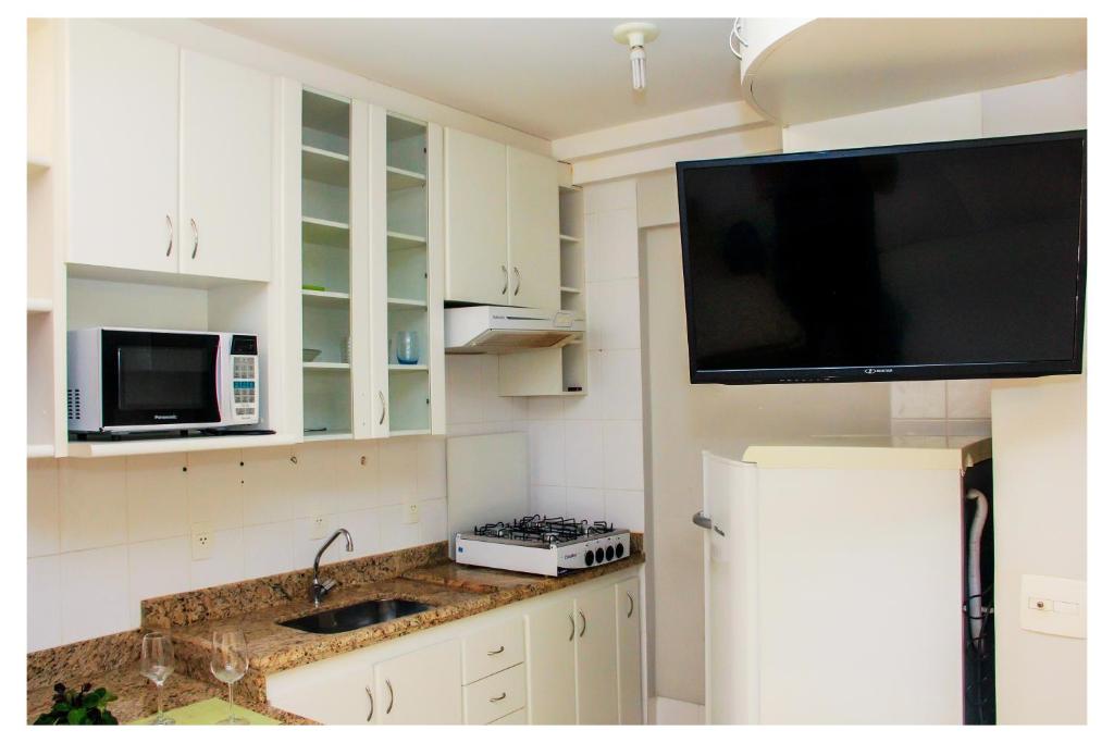 戈亚尼亚Flats Service Bueno的一个带水槽的厨房和墙上的电视