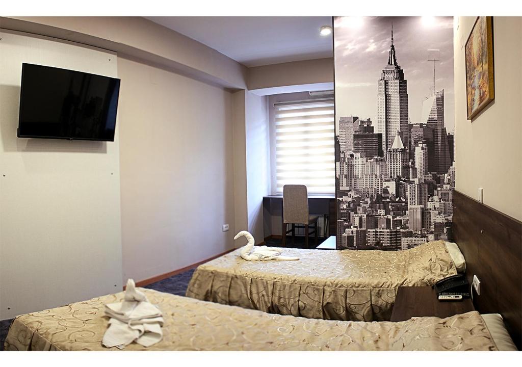 斯科普里大使酒店的酒店客房设有两张床和城市壁画