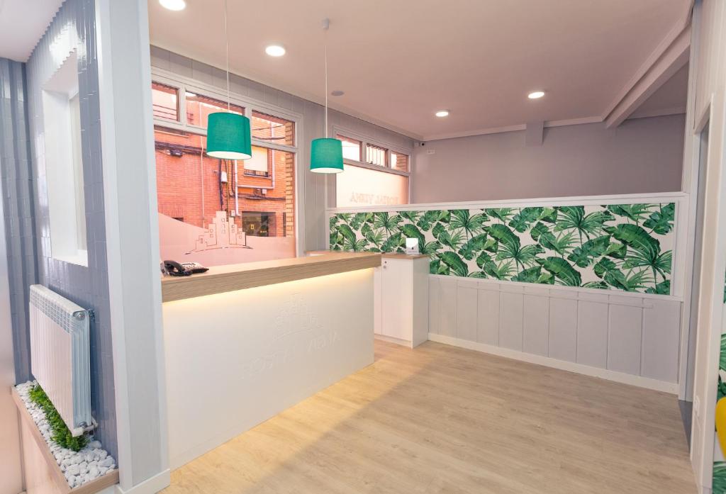 索里亚维也纳旅舍的厨房设有柜台和绿色的墙壁