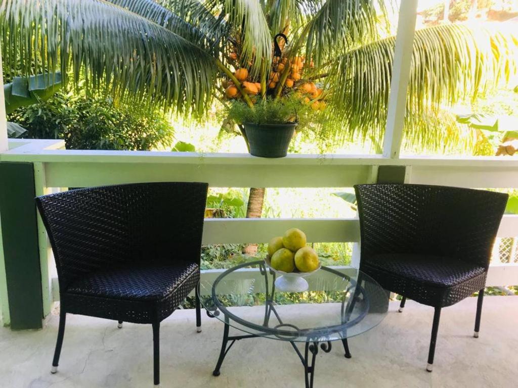 卡斯特里Bougainvillea Apartments 2的两张椅子和一张桌子,上面放着一碗水果