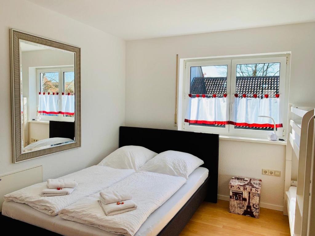 鲁斯特艾歇尔度假公寓的一间卧室配有一张带镜子的大床