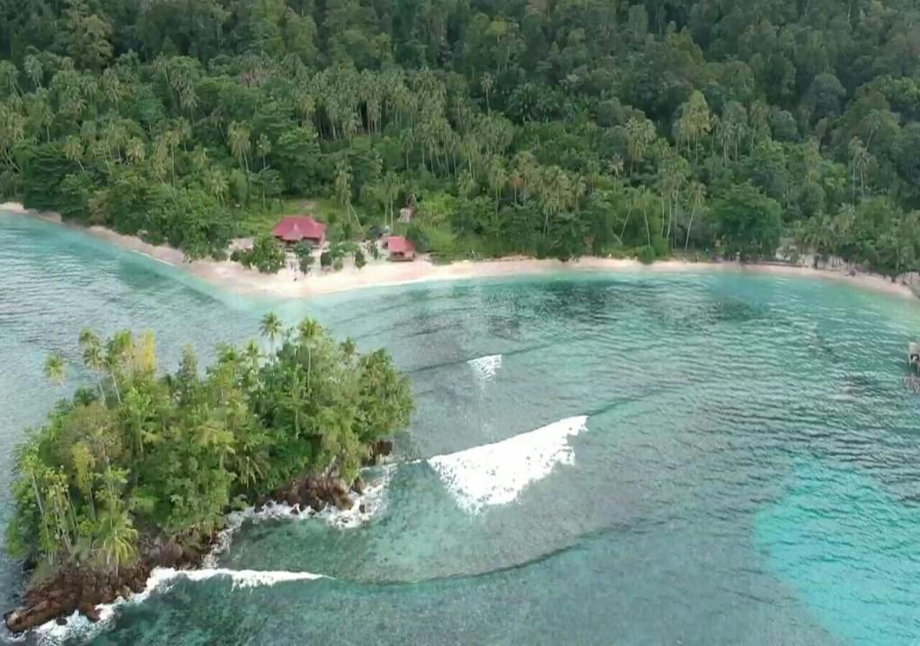 Rumah OlatNusa Nalan Beach Resort的水面上岛屿的空中景观