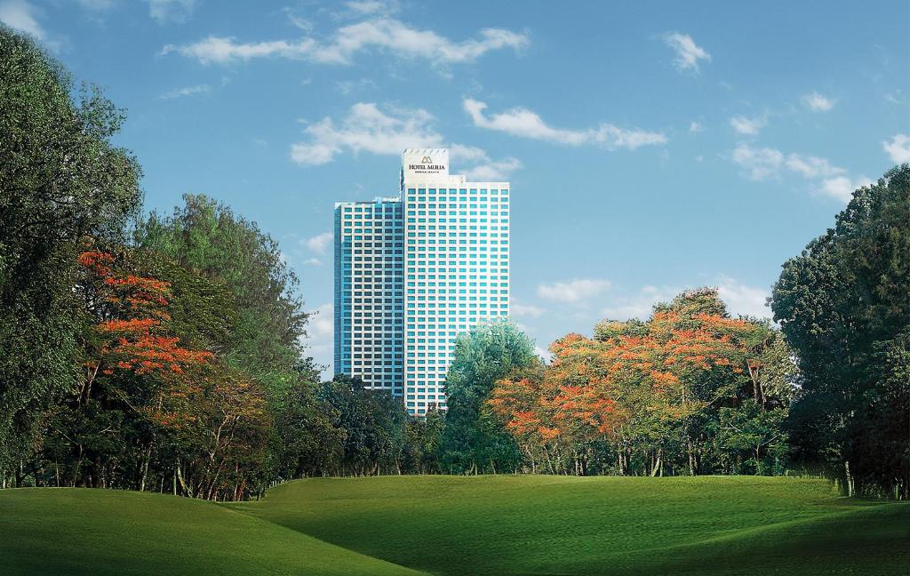 雅加达Hotel Mulia Senayan, Jakarta的公园中间高大的树木建筑