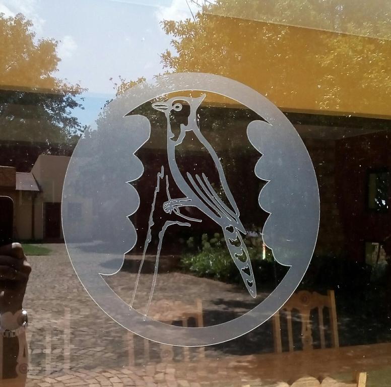 米德尔堡Woodpecker Guesthouse Middelburg Mpumalanga的鸟在玻璃窗上的图画