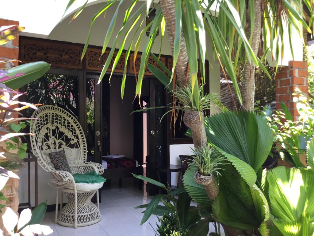吉利特拉旺安吉利宁静日旅馆的一个带两把椅子和棕榈树的门廊