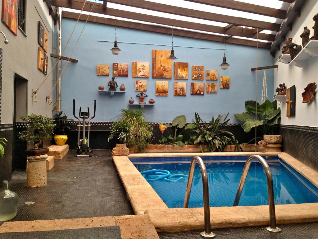 阿尔玛格鲁阿特德斯坎索乡村民宿的一间设有游泳池和盆栽植物的房间