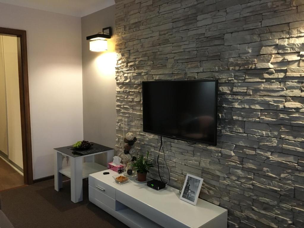 奥克宁卡Komfortowe Apartamenty的一间客厅,在石墙上配有电视