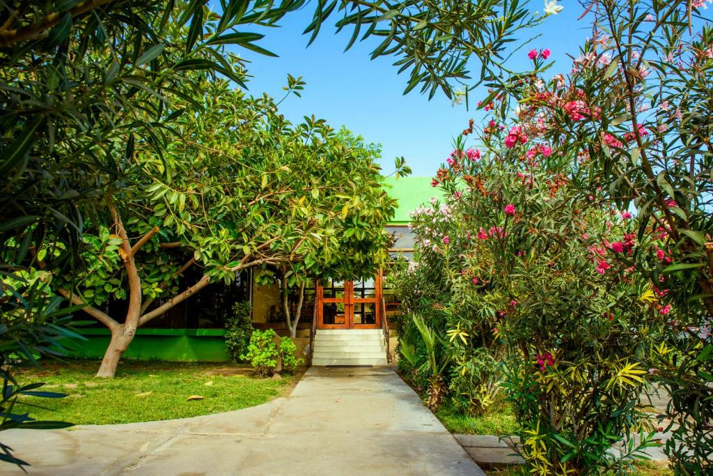 阿里卡Hotel del Valle Azapa的一座带树木和鲜花的花园的房子
