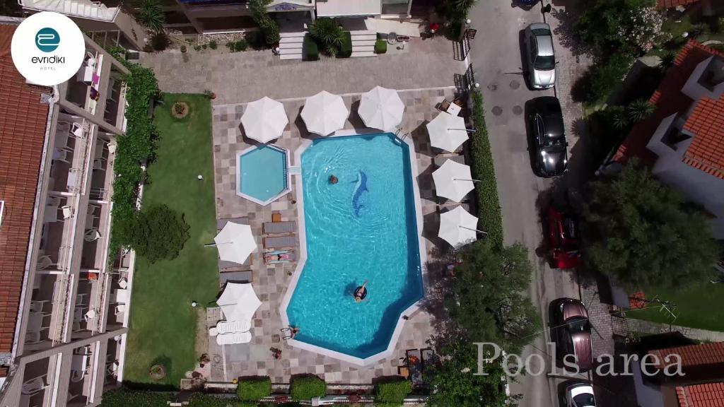 弗尔卡Evridiki Hotel的城市游泳池的顶部景观