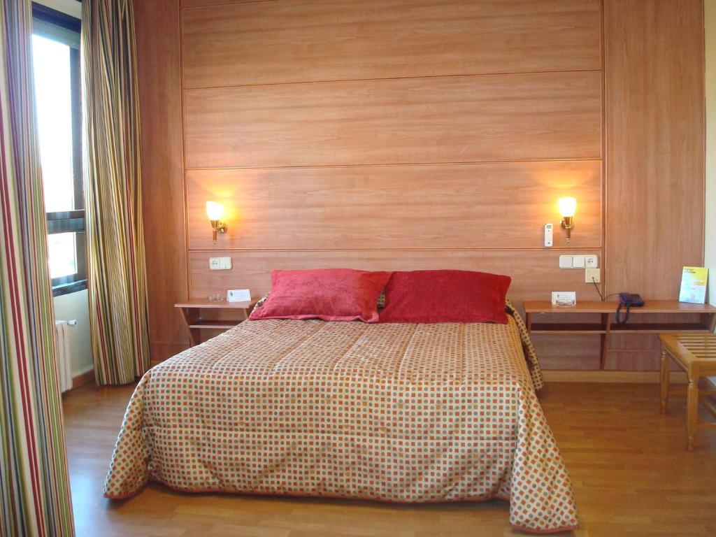 阿尔巴塞特卡斯蒂利亚酒店的一间卧室配有一张带两个红色枕头的床