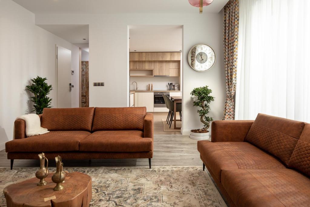 布拉索夫Kanopian Penthouse Brasov的一间带2张棕色沙发的客厅和一间厨房