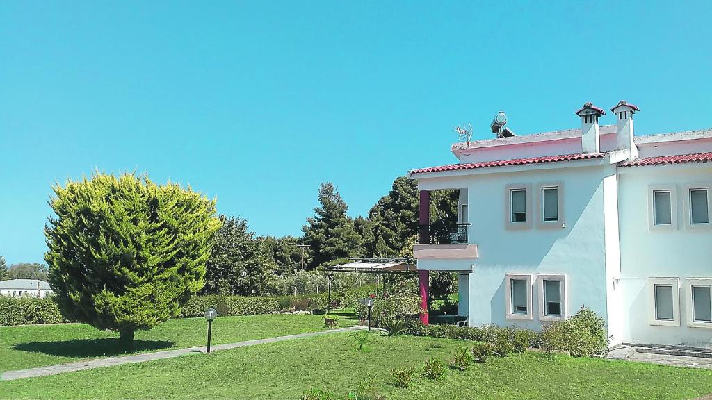 帕利乌里翁COZY HOUSE IN A QUIET NEIGHBORHOOD PALIOURI REGION的院子里有树的白色房子