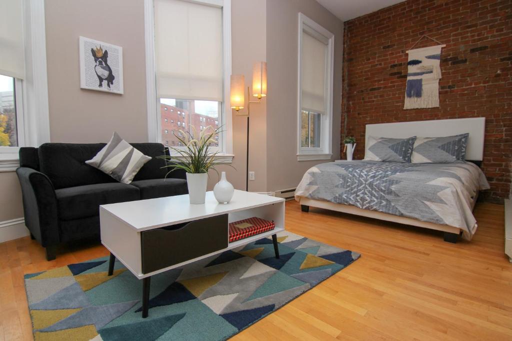 波士顿Charming Studio in Boston Brownstone, C.Ave#5的客厅配有床和沙发