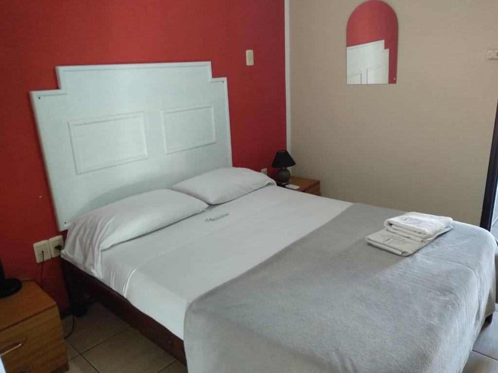 特玛斯德戴曼Hotel Mirador del Dayman的卧室配有一张白色大床和红色的墙壁