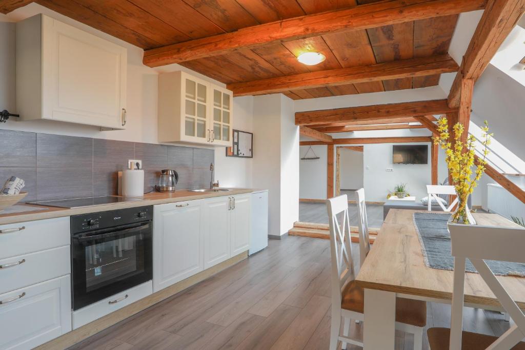 佐尔尼耶戈迪Apartment Krnicar的厨房配有白色橱柜和餐桌