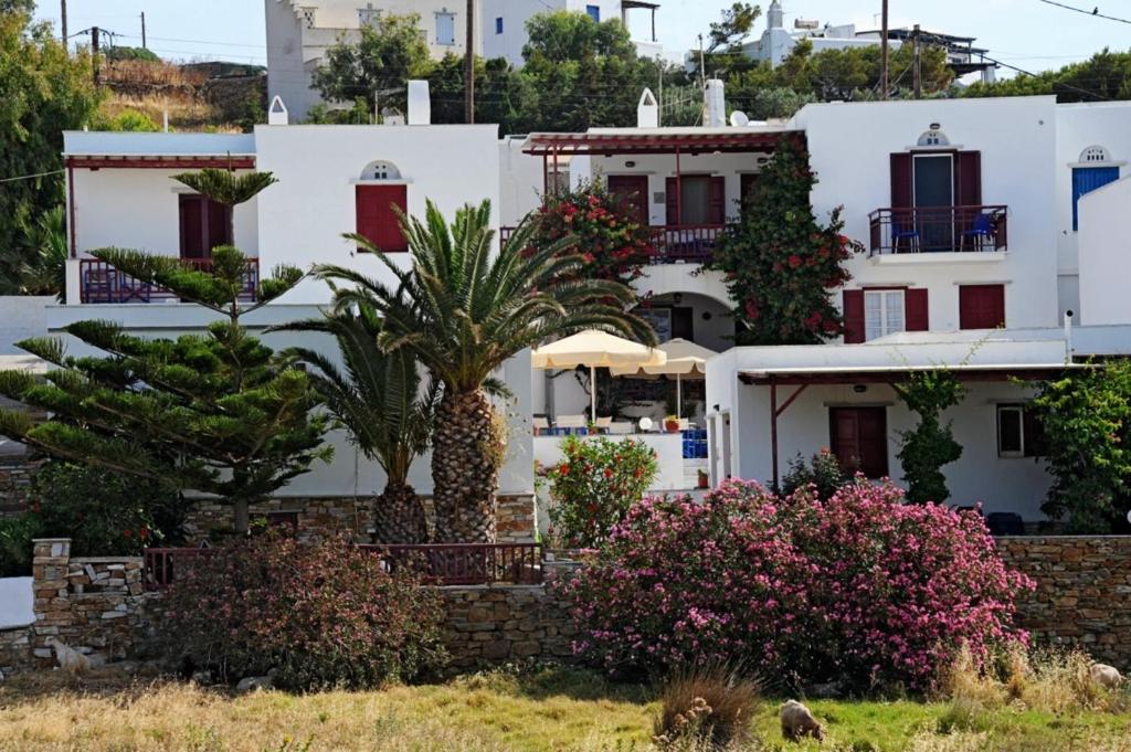 艾西奥斯索蒂斯Akrogiali Hotel的一群棕榈树和灌木丛的白色房屋