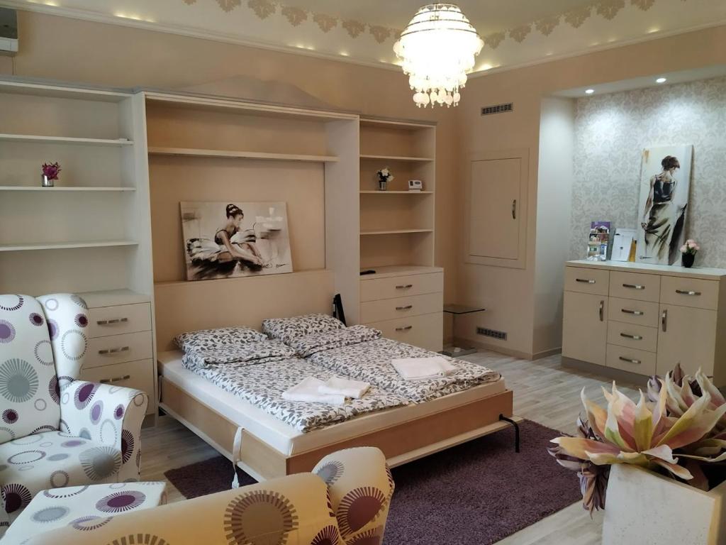 佩奇Király Apartman的一间卧室配有床、椅子和书架