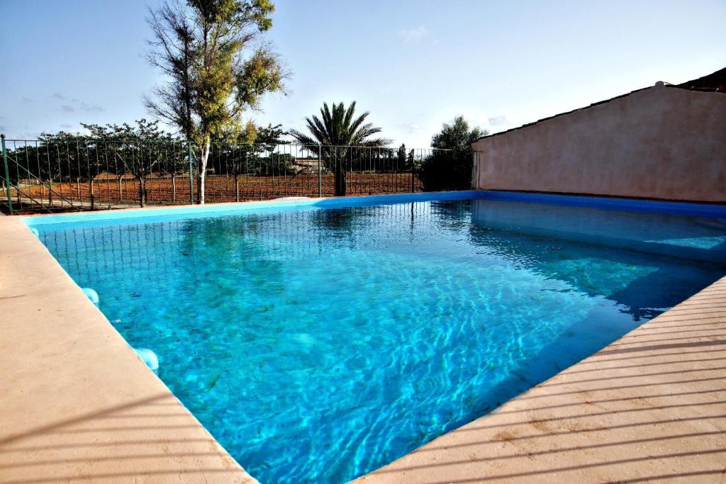 坎波斯Finca Agroturismo Sa Cova den Borino的庭院里的一个蓝色海水游泳池