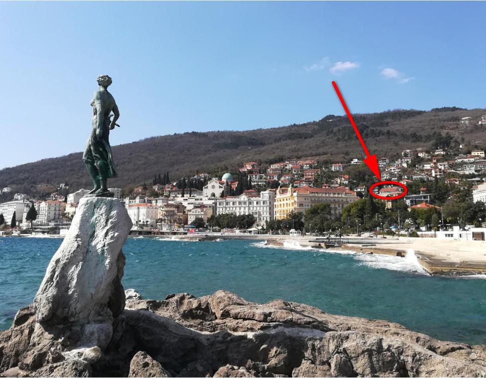 奥帕提亚Panoramico Apartment Opatija的海滩附近的岩石上的雕像